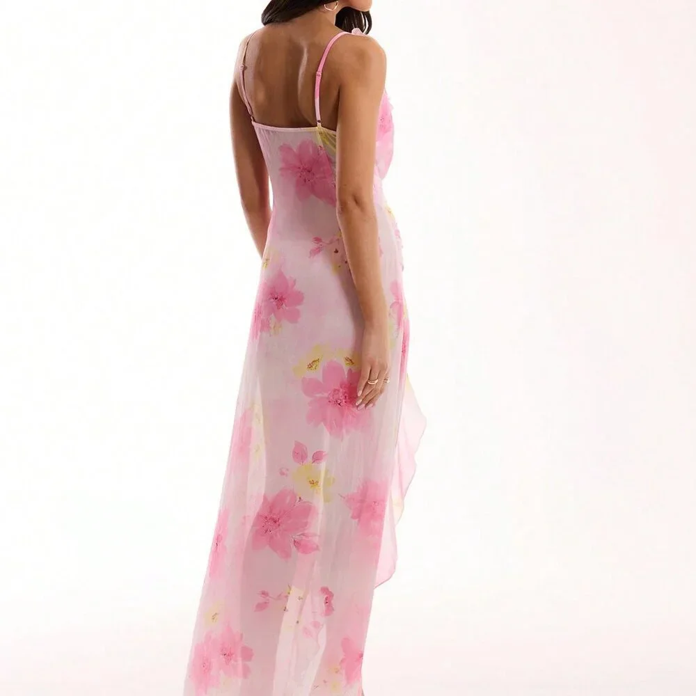 Baby Pink Boho Women's Frill Drape Split Maxi Dress